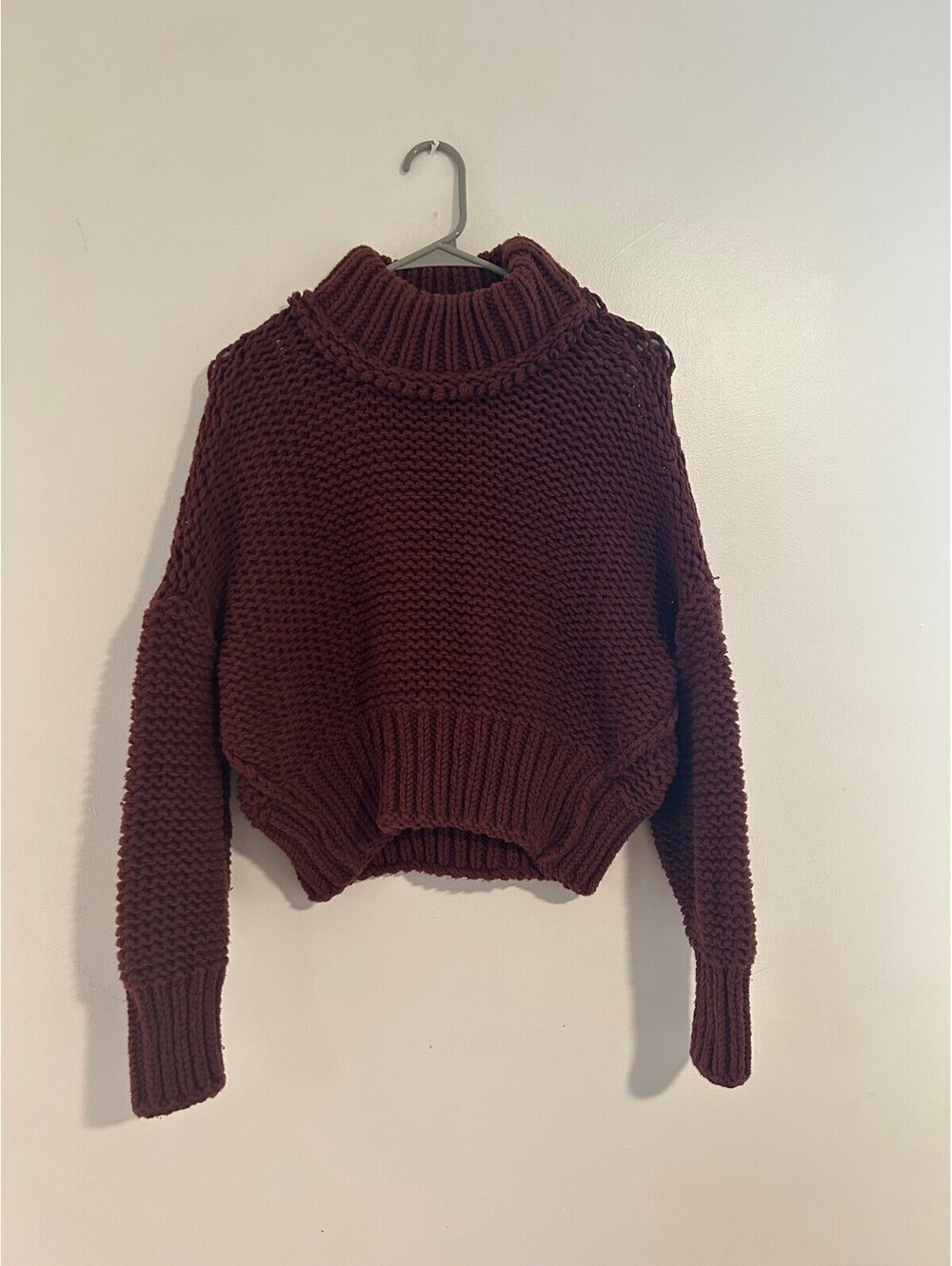 Free People Chunky Open Knit Cropped Turtleneck Sweater Mahogany Brown Small